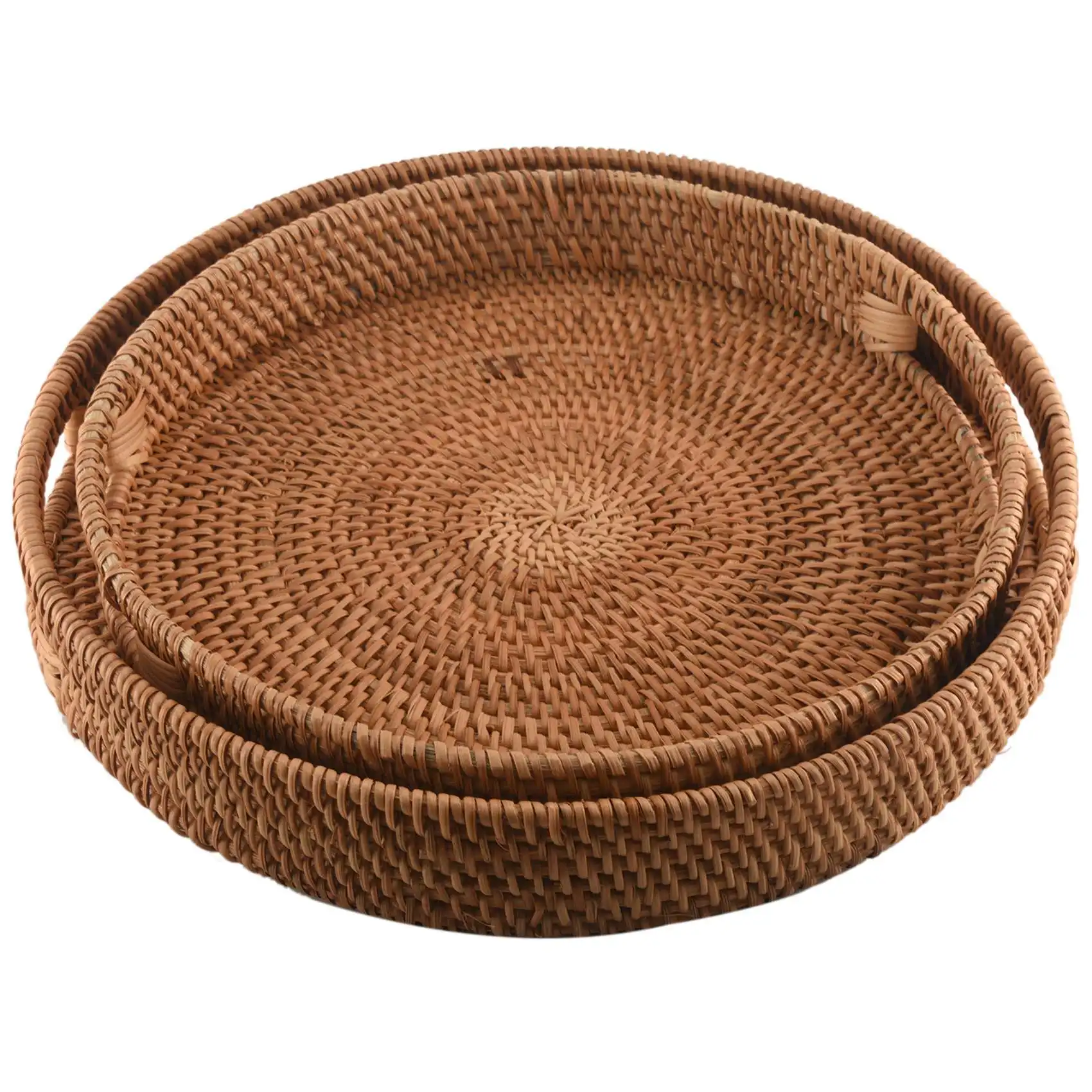 

Rattan Handwoven Round High Wall Severing Tray Food Storage Platters Plate over Handles for Breakfast,Drinks,Snack for Coffee