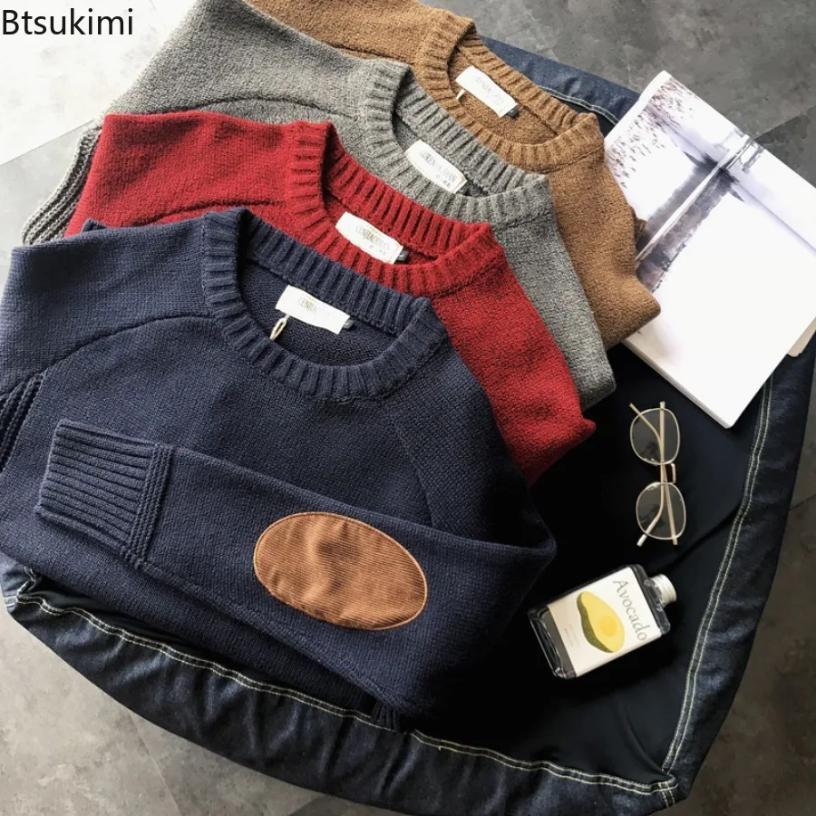 New 2025 Men's Warm Pullover Sweater Tops Fashion Patch Designs Knitted Sweater Men Harajuku Streetwear O Neck Causal Pullovers