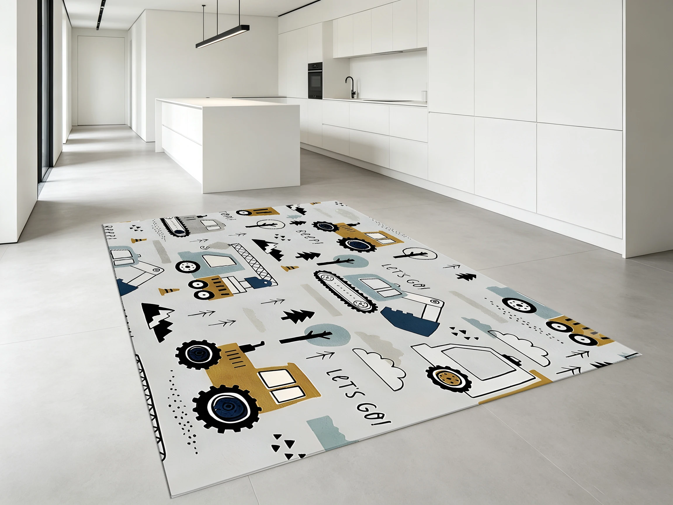 Rug 2D Large Light Gray Cartoon Construction Vehicle Rug + 