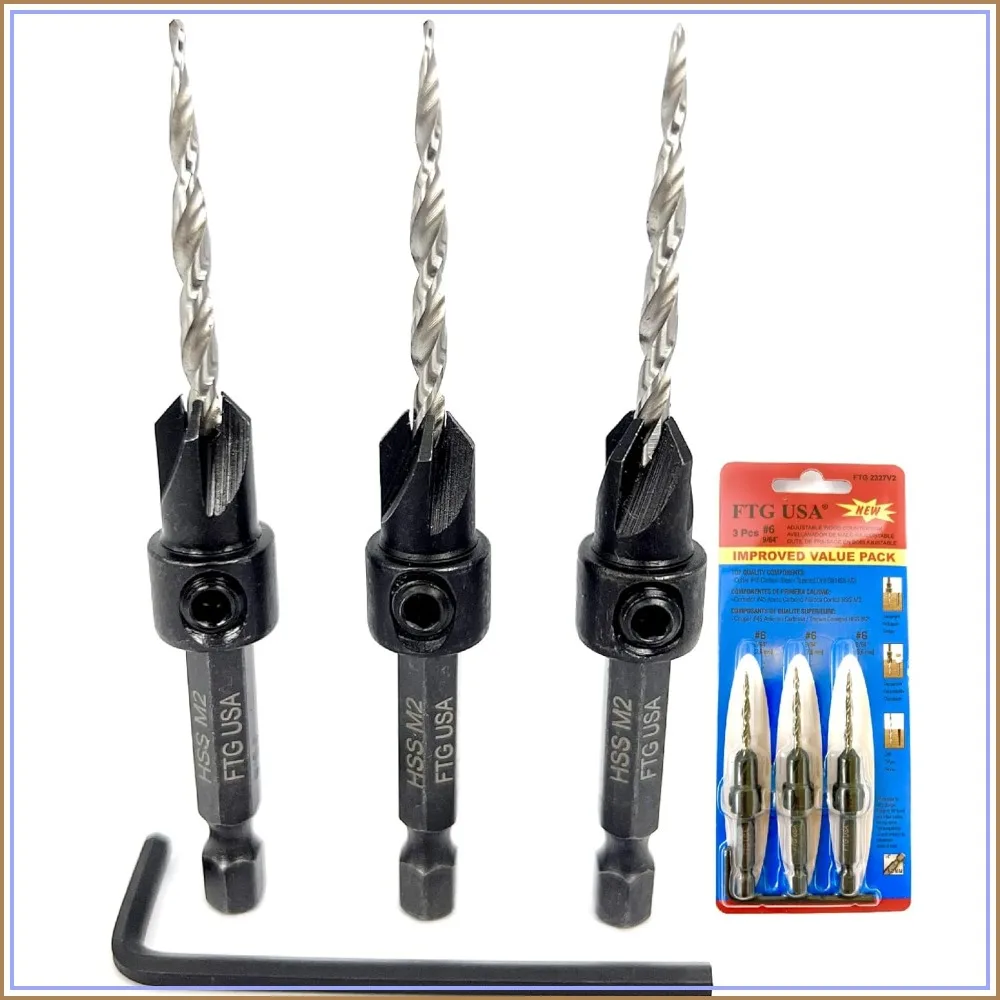

3 Pc #6 (9/64") Countersink Drill Bit Set with Tapered Drill Bits for Woodworking