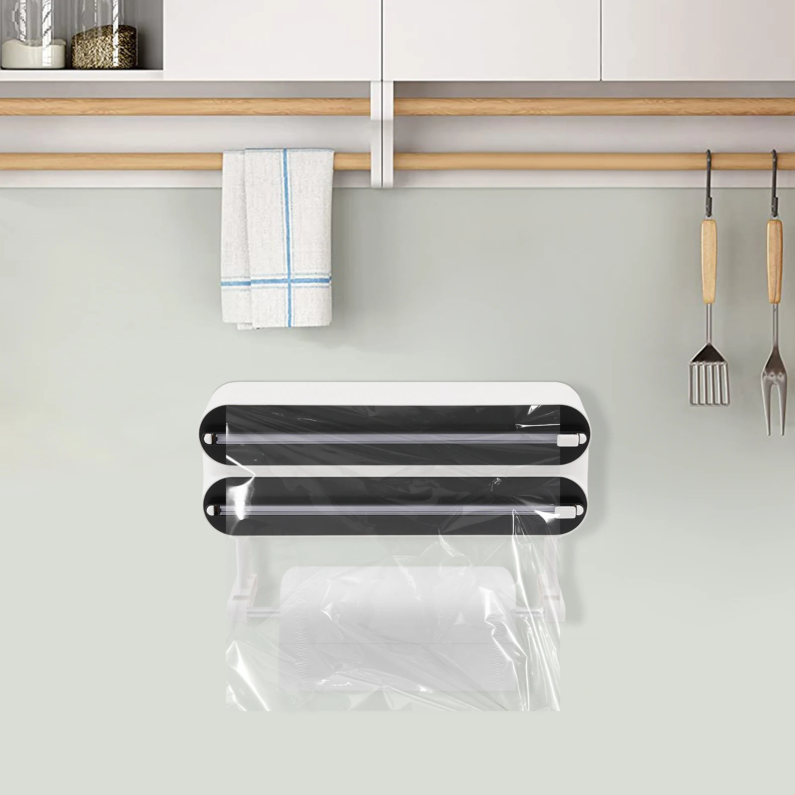 Wandmontierter Frischhaltefolien-Spender mit 2 Haken, 3-in-1 Wandrollenhalter für die Küche, Aluminiumfolien-Spender (ohne Frischhaltefolie) – Detail 5
