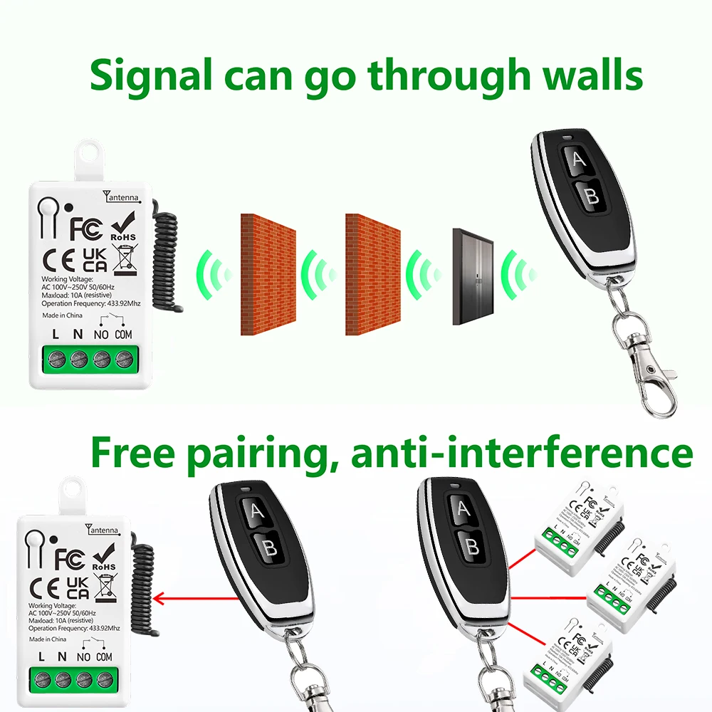 433MHz ワイヤレスリモコン AC 220V 1CH 10A ミニサイズリレー受信機ランプライト電動ファンスイッチ家電