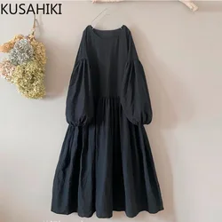 KUSAHIKI 2024 New Casual Cotton Linen Long Dress Fashion Puff Half Sleeve Round Neck Women Sweet A-line Dresses