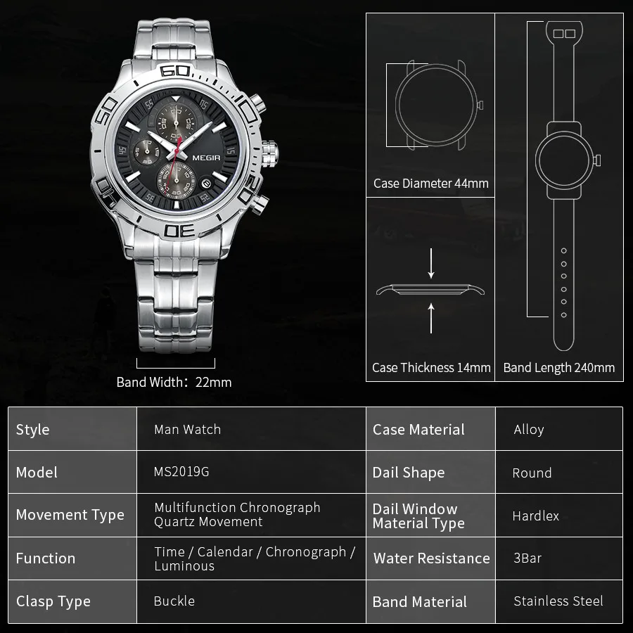 MEGIR 2019 Classic Men Watch Solid Stainless Steel Band Chronograph Calendar Luminous Hands Waterproof Quartz Watches