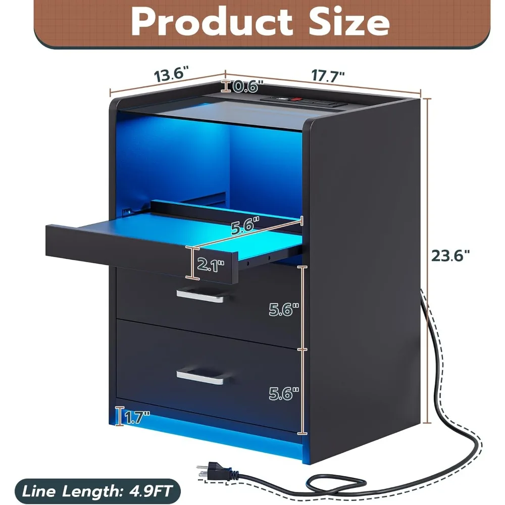 充電ステーションとLEDライト付きナイトスタンド、ガラス天板と収納引き出し付きブラックナイトスタンド、プル付きエンドサイドテーブル