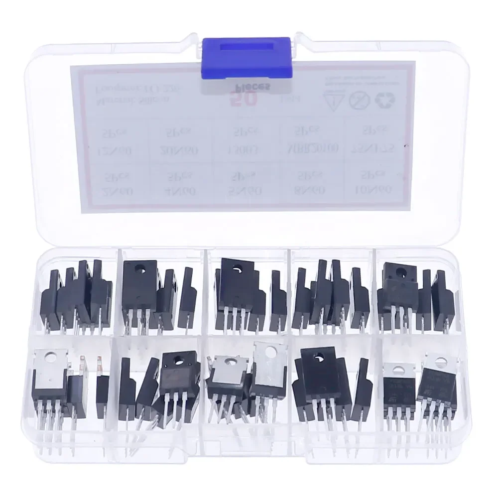 50Pcs 10Values TO-220 Mosfet Field-Effect Transistor Kit Box 2N60 4N60 5N60 8N60 10N60 12N60 20N60 13003 MBR20100 75NF75