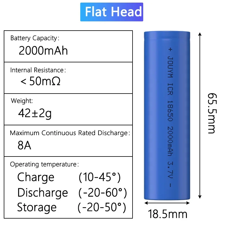 JOUYM 18650 Battery 2000mAh 3.7V ICR 18650 Li-ion Batteries Rechargeable Battery