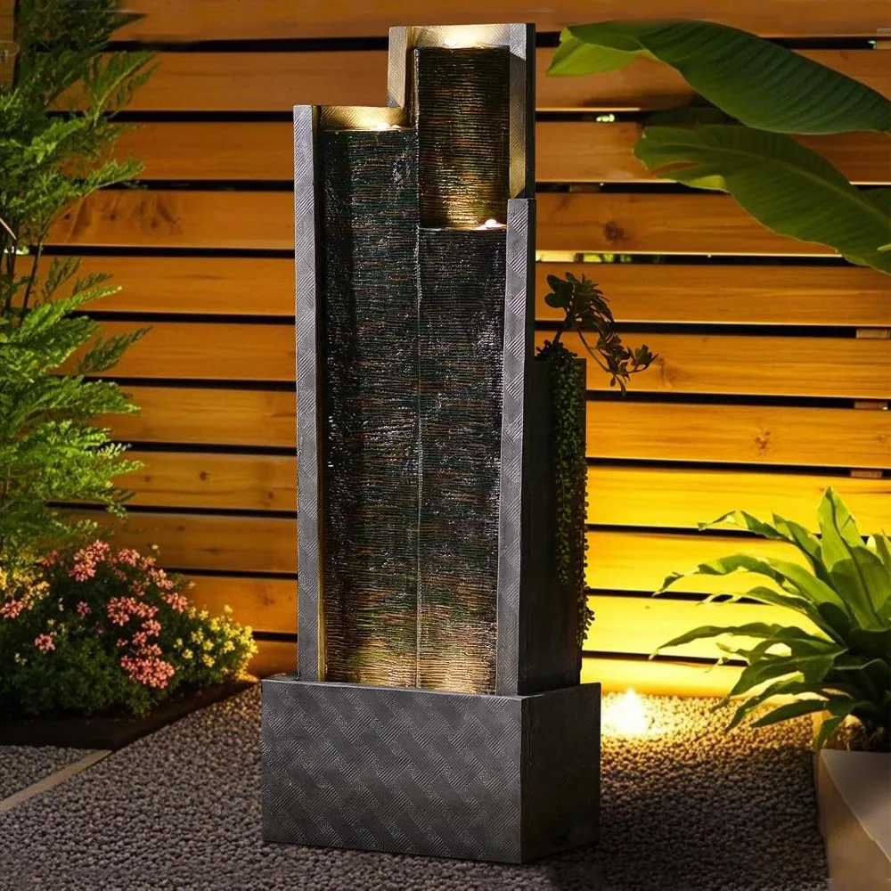 

49.6" H Garden Fountains Outdoor Modern Cascading Indoor Water Fountain Tall Floor - Standing Fountain with Lights for Garden, P