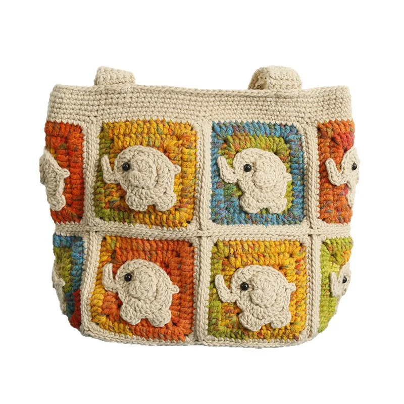 Hand-woven baby elephant shoulder bag, sweet cartoon hand hook women's bag, hand hook fresh zipper shoulder satchel.