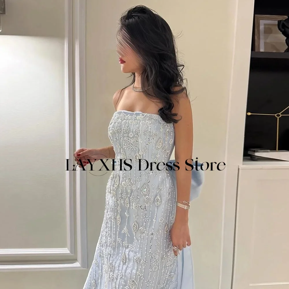 LAYXHS Luxury Blue Strapless Evening Dresses Mermaid Lace Beaded Back Bow Prom Dresses Customized فساتين سهرات