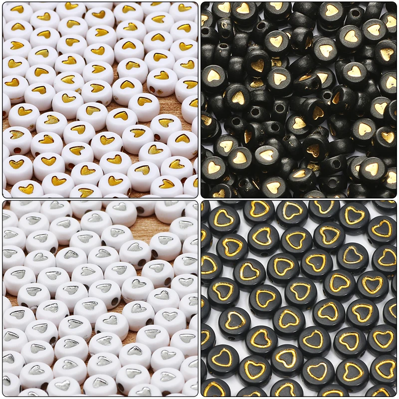 White Black Flat Round Acrylic Beads 4x7mm Gold Color Silver Color Heart Pattern Charms Beads For Jewelry Making Diy Accessories