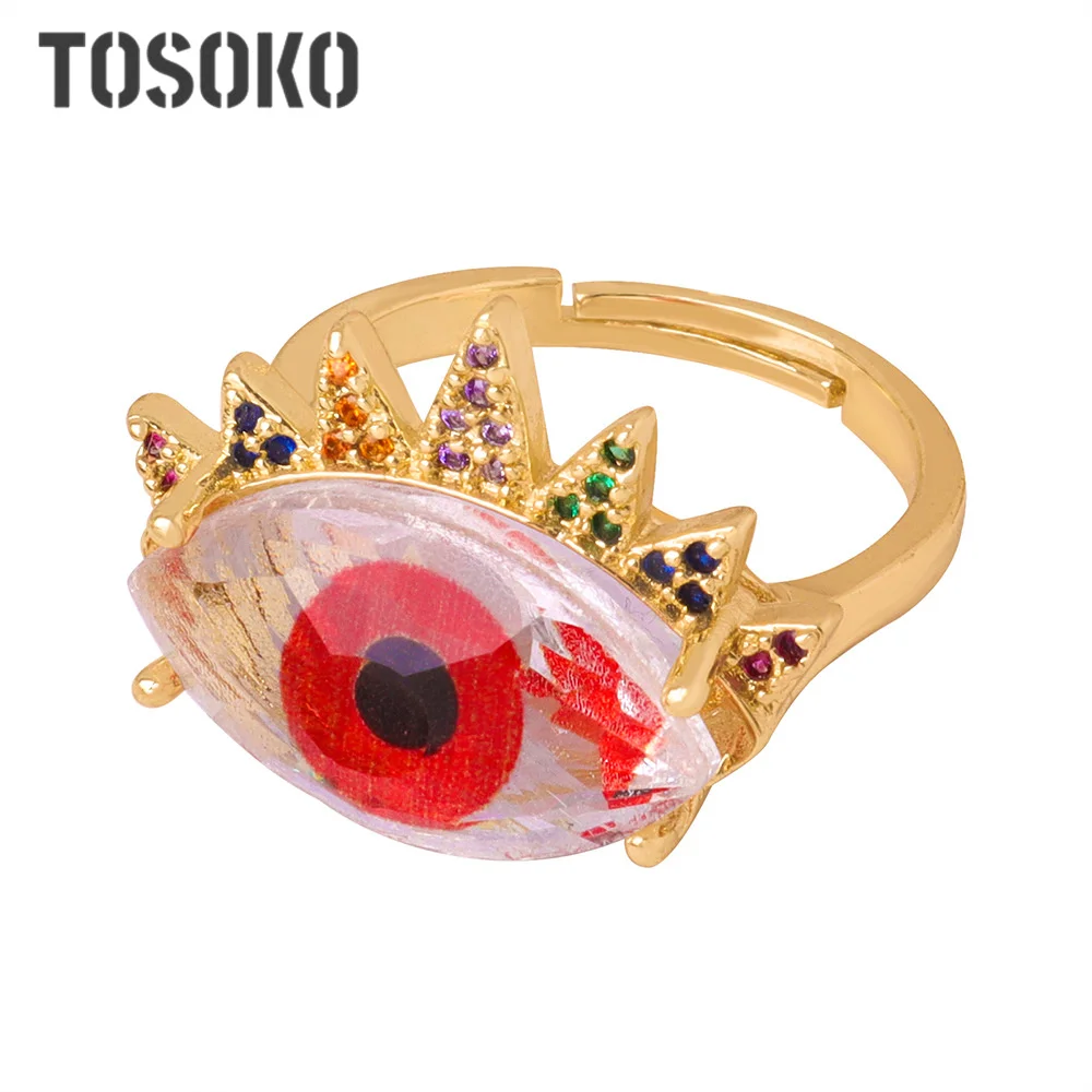 

TOSOKO Geometric Jewelry With Eyes Inlaid With Colored Zircon Crown Copper Ring BSA653