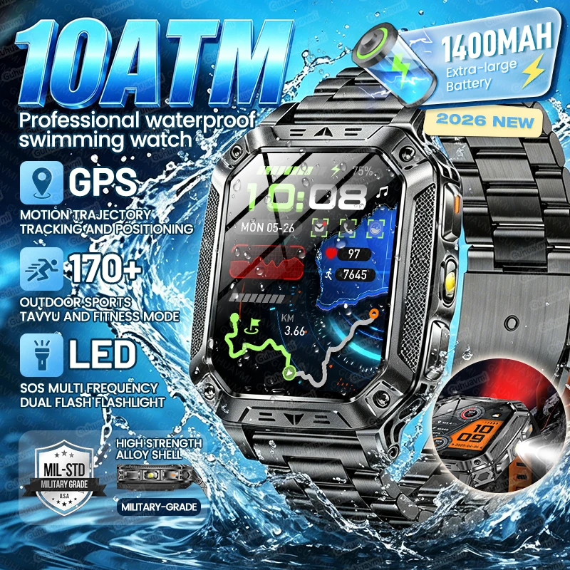 

Новые умные часы TANK Genuine 10ATM водонепроницаемые для плавания и спорта, мужские, для активного отдыха, с аккумулятором 1400 мАч, GPS, фонариком, Bluetooth-вызовами
