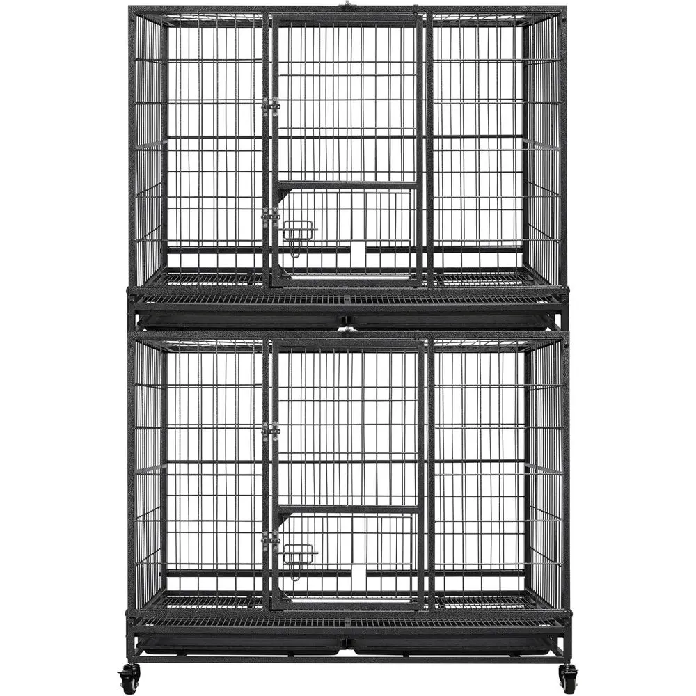 

43-дюймовый 2-уровневый сверхпрочный металлический ящик для собак с открытым верхом, запирающимися колесами и съемной кастрюлей для больших домашних собак