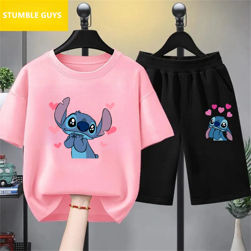 Stitch Girl Top T-shirt Kids Toddler Short Sleeve Boy Cartoon Clothes 3-12 Years Child Birthday T shirts Children's Trucksuit