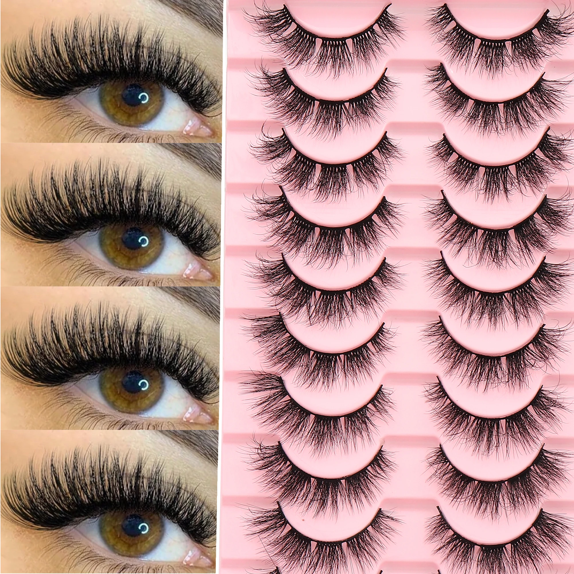 10 Pairs 3D Wispy Faux Mink False Eyelashes Natural 7-14mm Gradient Soft Band Reusable Makeup Lashes