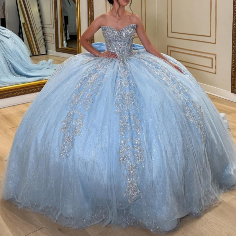 

Sky Blue Shiny Quinceanera Dresses Off The Shoulder Applique Lace Beading Bow Tull Party Birthday Sweet 16 Dress Vestidos 15 De