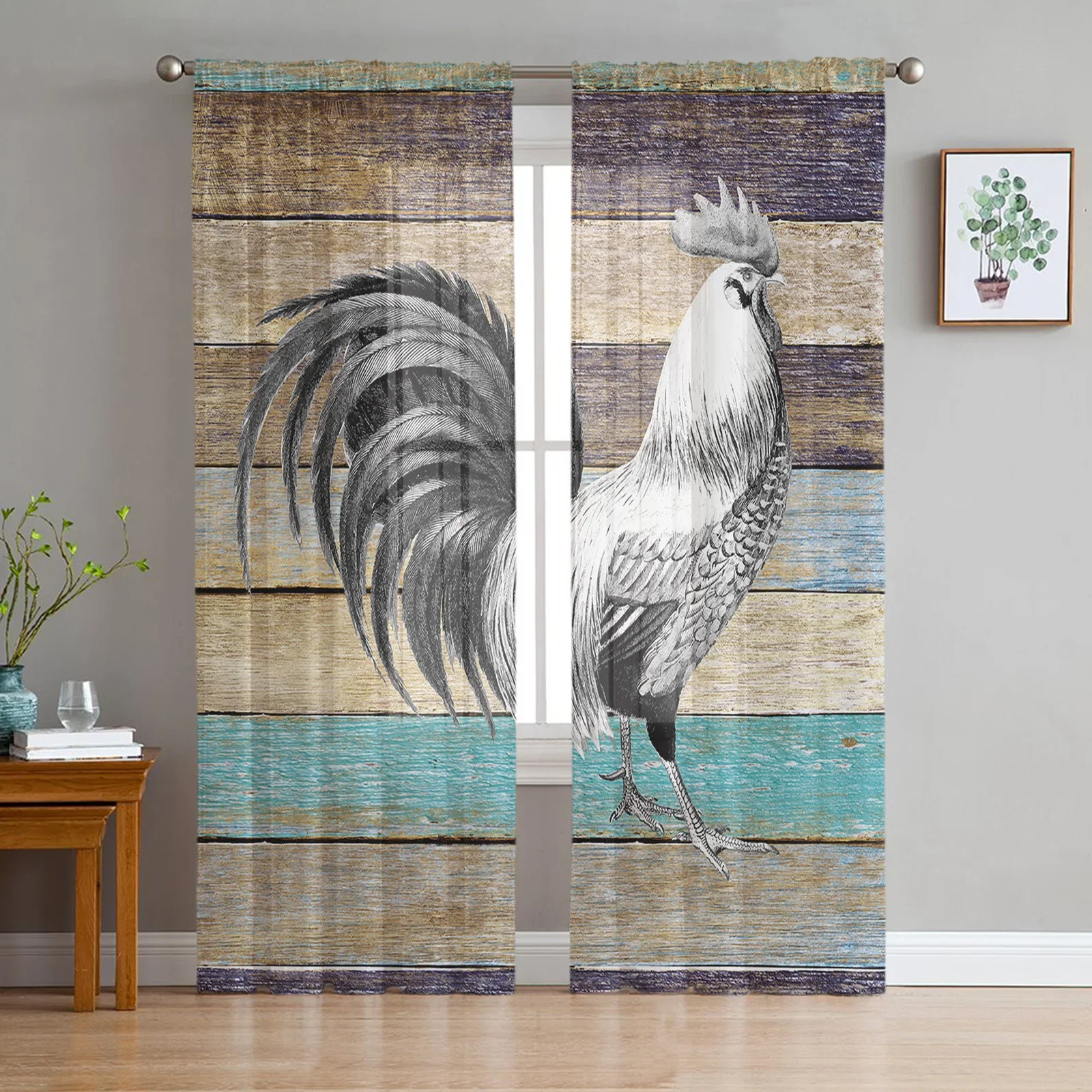 Farm Animal Rooster Wood Grain Tulle Curtains For Living Room Kitchen Decoration Chiffon Window Treatments Voile Sheer Curtain