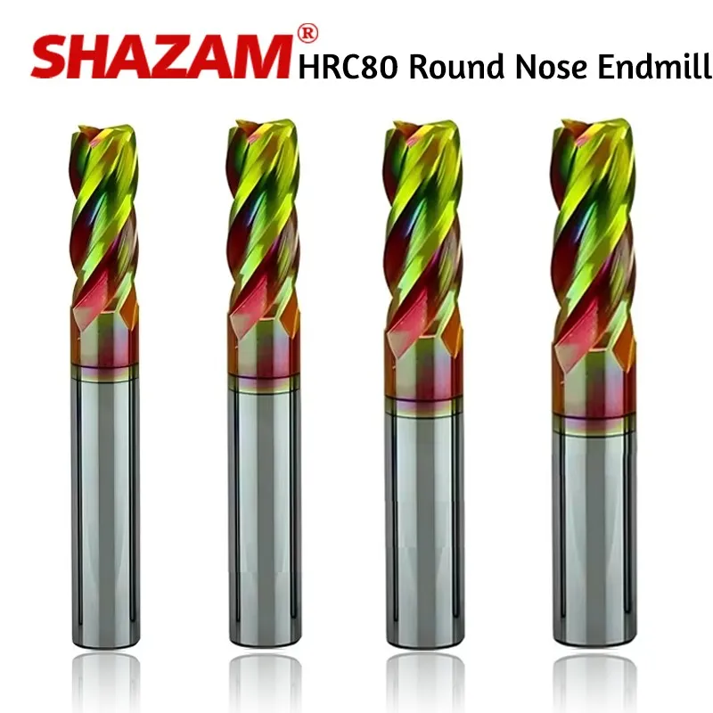 SHAZAM CNC Machining Tool HRC80 High Hardness Endmills 4-Flute Tungsten Steel Carbide Colorful Coating Round Nose Milling Cutter