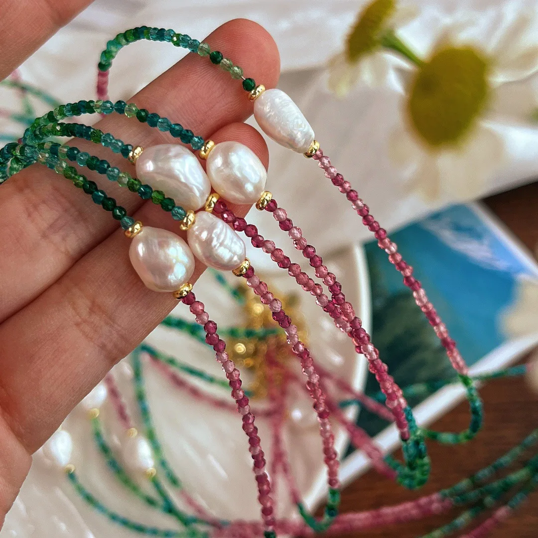 Hengsheng Artificial Red and Green Crystal Baroque 100% Freshwater Pearl Adjustable Necklaces for Women Collar Necklaces Jewelry