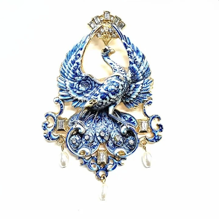 Vintage Enamel Peacock Phoenix Brooch Crystal Pearl Drop Ornate Bird Pin Jewelry Gift - view 4