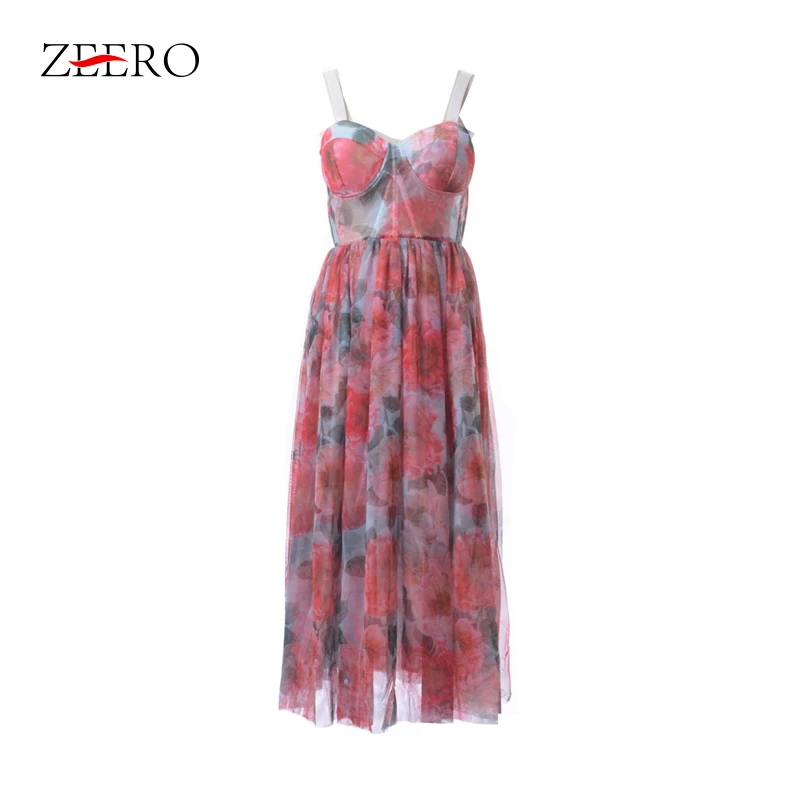 Summer Vintage Floral Print Boho Beach Dress Elegant Women Sexy Straps Backless Strapless Cup Mesh Ruffles Party Dresses Vestido