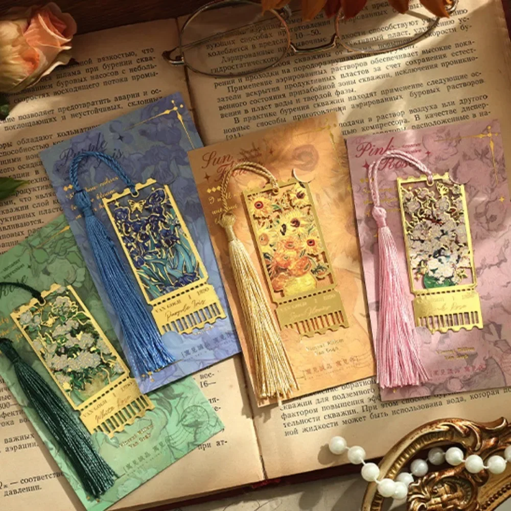 Retro Metal Metal Bookmark Tassels Oil Painting Style Hollow Bookmark Stationery Famous Painting Book Clip Teacher