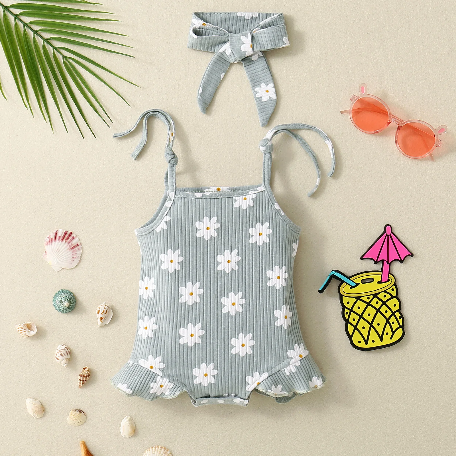 2PCS Summer Girl Crawling clothes Short Sleeve Cotton Short Sleeve Round Necked Striped Clothes with Flower Printing Headband
