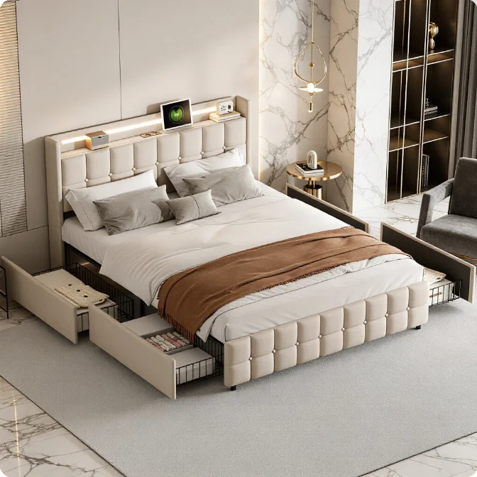 ROSAHQNDA Modernes Polsterbett mit Stauraum, 140/160/180 x 200 cm, Doppelbett mit LED-Beleuchtung und Ladestation, 4 Schubladen, Leinenstoffbezug, ohne Matratze (Versand in 2 Paketen)