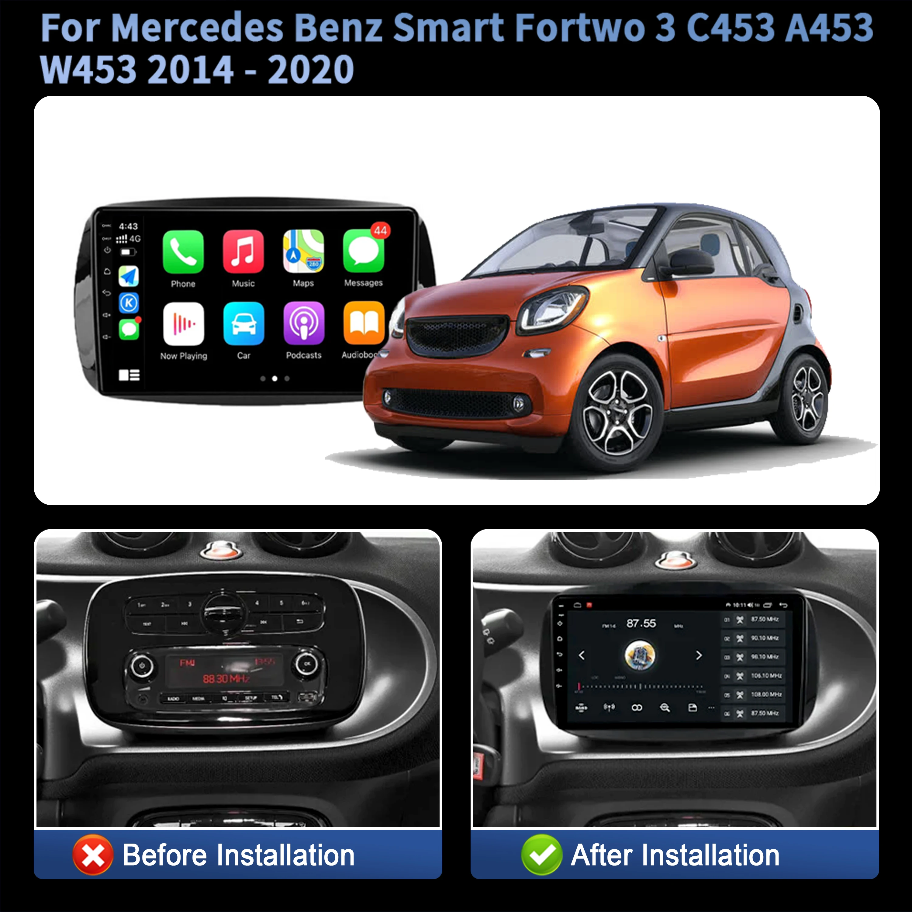 لمرسيدس بنز الذكية Fortwo 3 C453 A453 W453 2014-2020 راديو السيارة الوسائط المتعددة الملاحة لتحديد المواقع اللاسلكية CarPlay 4G شاشة تعمل باللمس