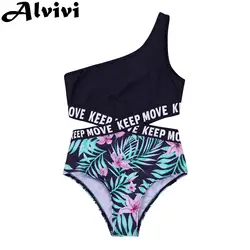 Maillot de bain une pièce, ajouré, asymétrique, épaule dénudée, lettre imprimée, body, piscine, vêtements de plage