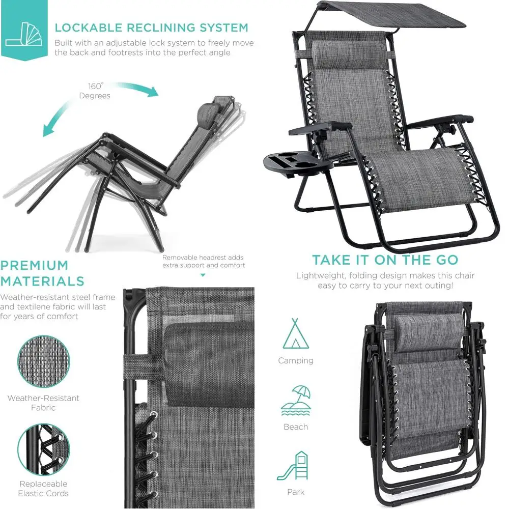

Уличное кресло-реклайнер Zero Gravity с регулируемым навесом, боковым столиком и сеткой из текстилена - серое