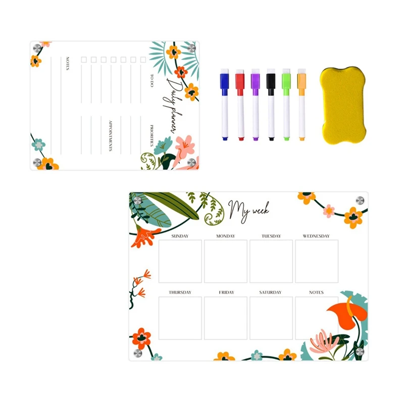 Tablero de notas de calendario planificador semanal acrílico magnético para refrigerador-escritura borrable