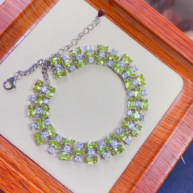 

925 Sterling Silver Peridot Tennis Bracelet, Full Set 3x5mm Oval Cut Green Gemstone Jewelry, Dainty Gift for Women