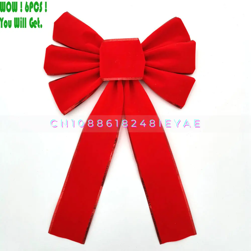 Hot Sale 6 Pcs Christmas Tree Wreath Gift Wrapping Decoration Red Flocked Velvet  Ribbon Bow Tie with Gold Edge Trim  10