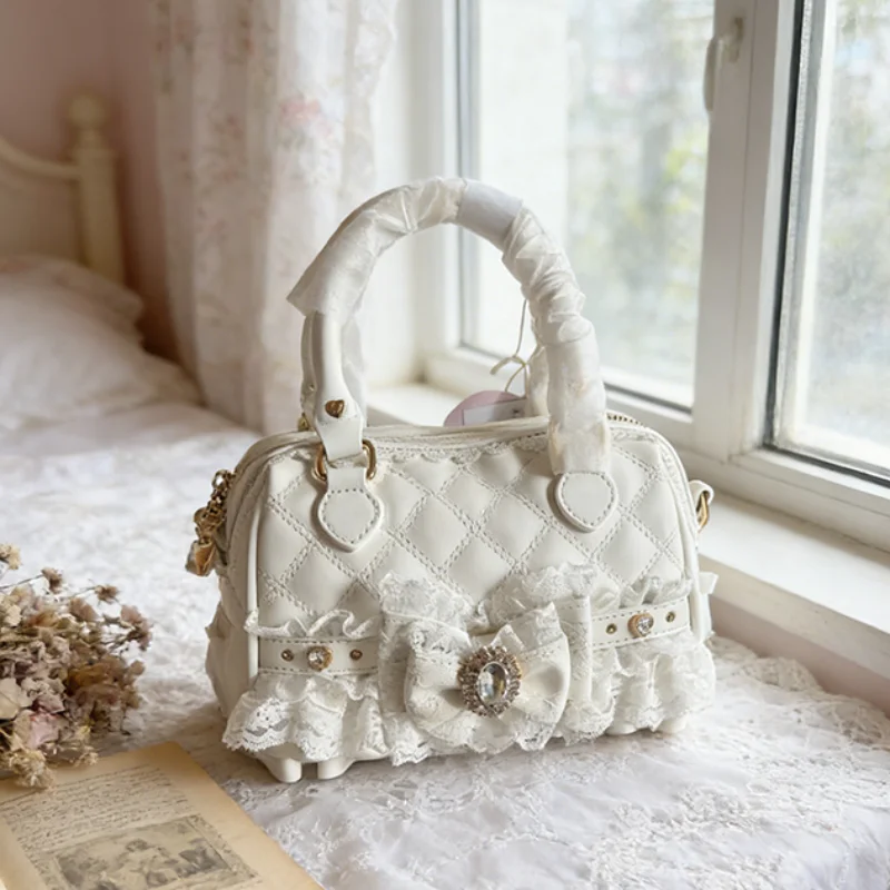 

Lace-trimmed Girly Crossbody Bag Bow-decorated Pu Boston Bag Korean Heart-shaped Zipper Tote Bag Cute Sweet Quilted Shoulder Bag