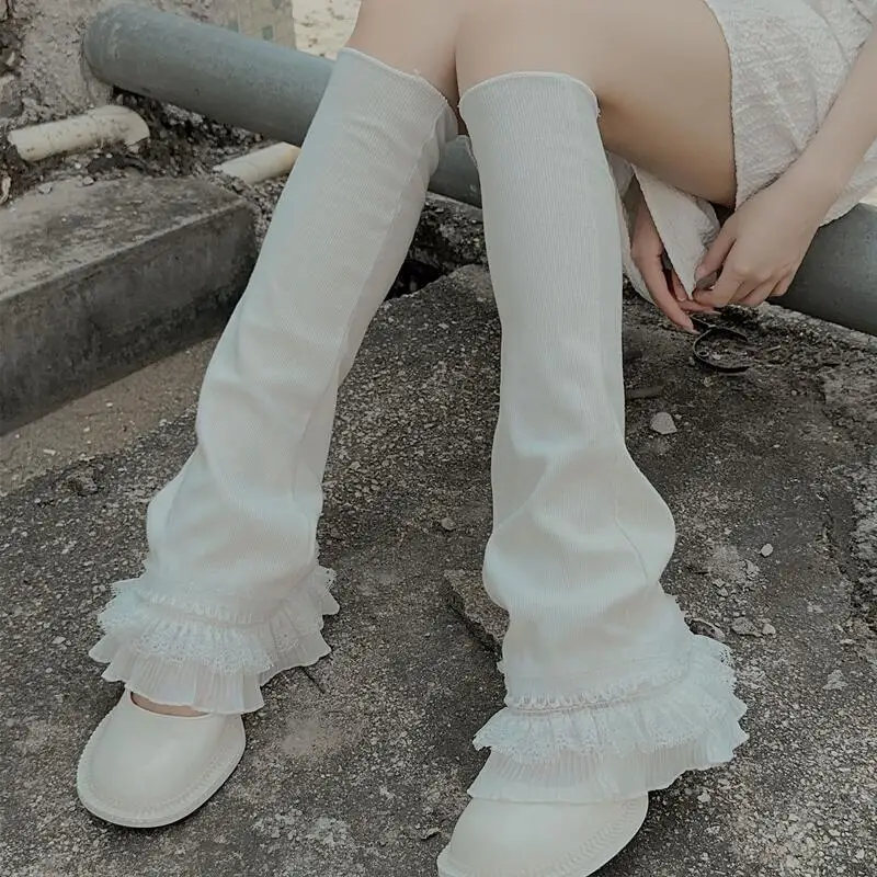 Y2k Gyaru Women Leg Warmers Floral Lace Frill Warm Foot Cover White Black Boot Cuffs Fashion Streetwear Socks Lolita Gaiters 90s