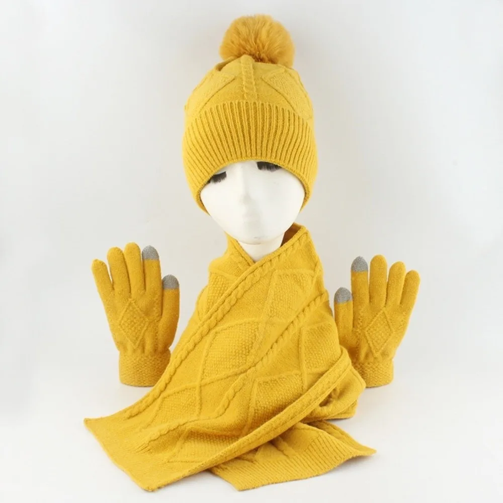Yarmulke Conjunto de bufanda y gorro elástico con pantalla táctil, guantes cálidos a prueba de frío, gorro de lana con bola de felpa con estampado de rombos para exteriores