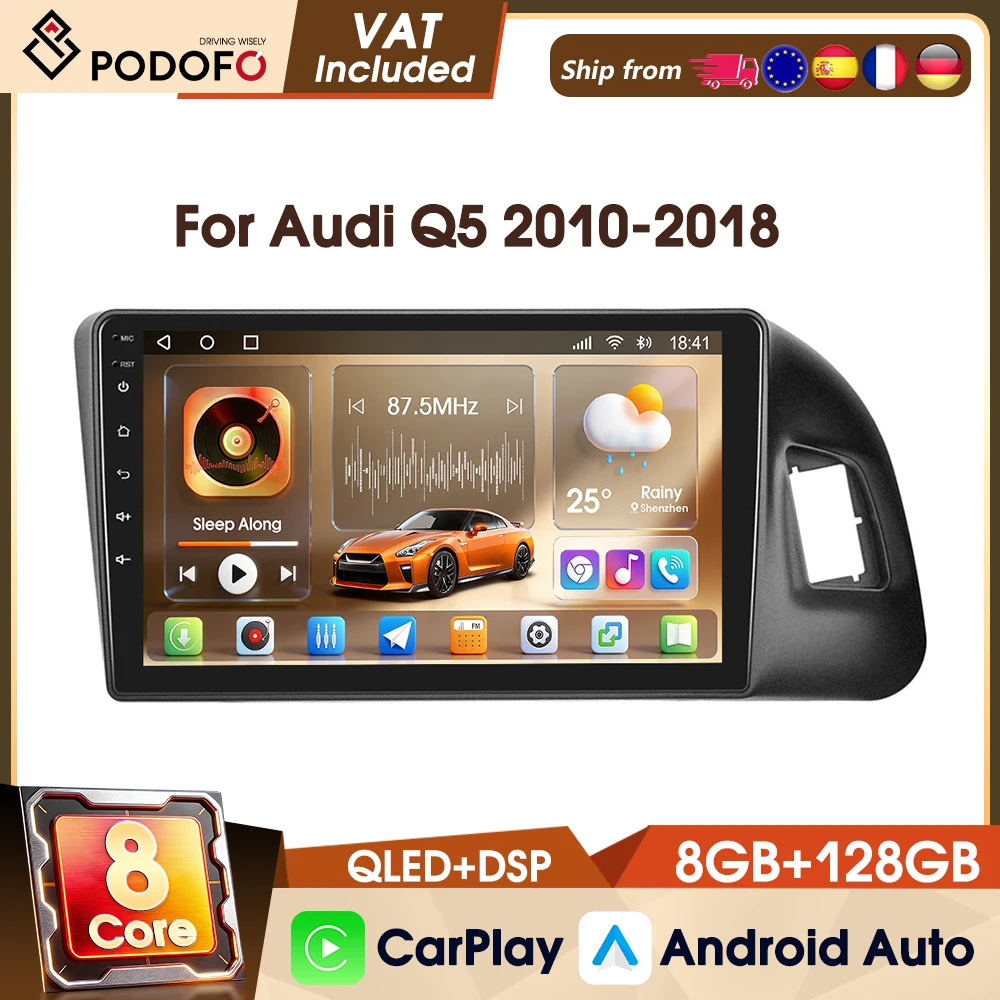 Podofo, autoradio stereo 2 DIN con schermo da 9 pollici, 8+128 GB, 4G, processore a 8 core, per Audi Q5 (2010-2018), lettore multimediale per auto con video, DAB, WIFI, navigazione GPS, FM, RDS.