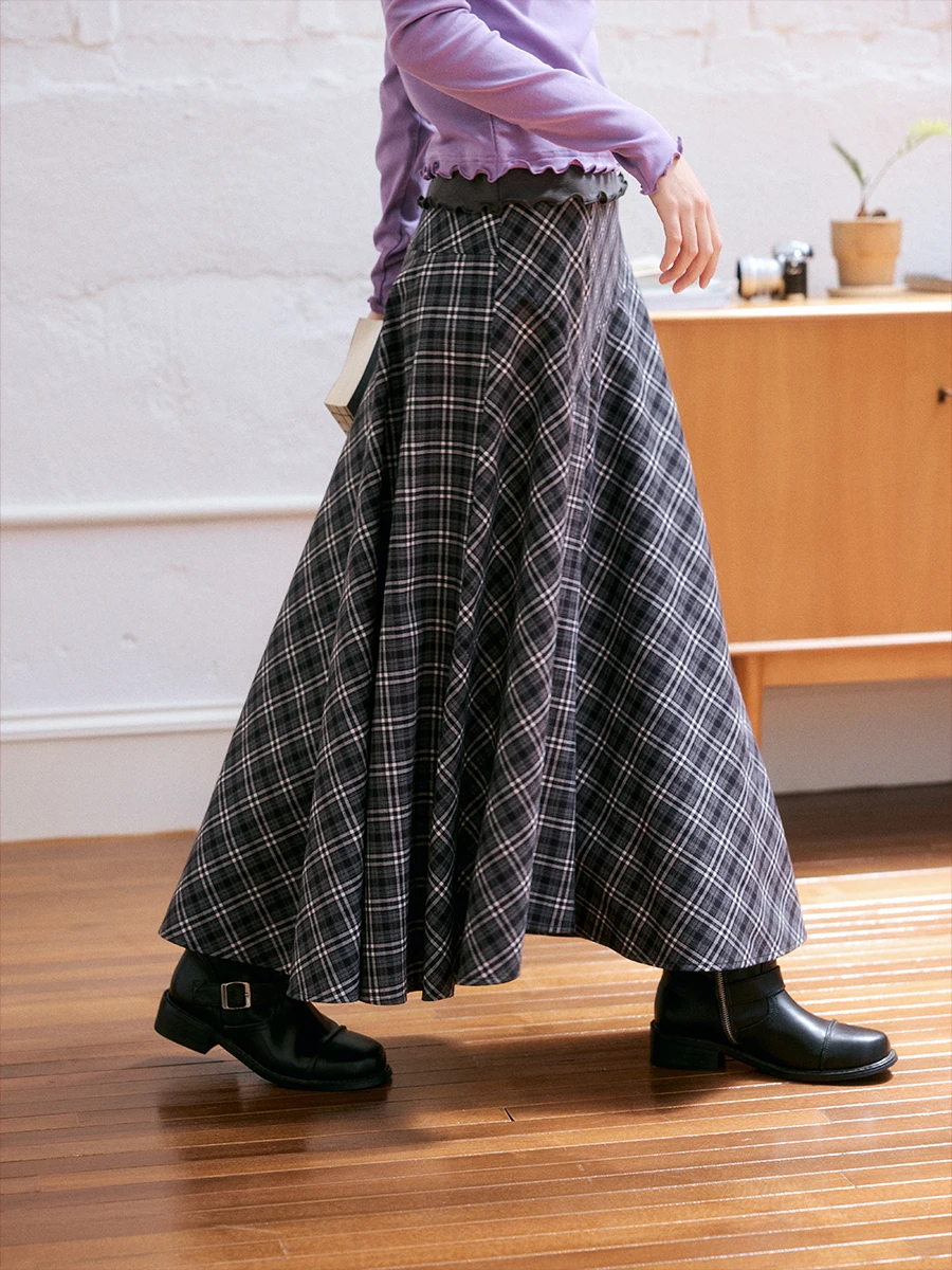 

Свободная клетчатая длинная коричневая юбка, женская юбка-зонтик с высокой талией, осенний сезон, повседневная модная французская юбка средней длины