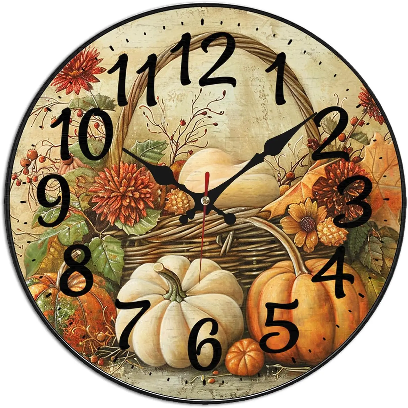 Rustic Fall Harvest Round Wall Clock - 10 Inch Silent Non-Ticking Timepiece - Vintage Pumpkin Floral Farmhouse Decorative