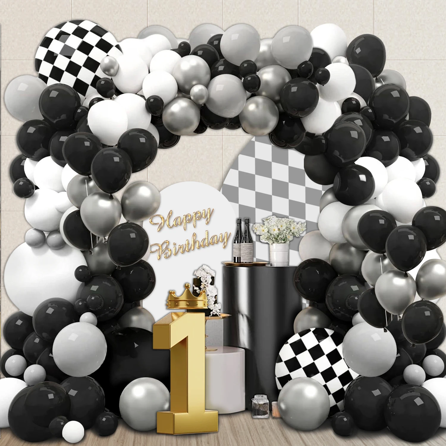 Ein Satz von 116 Renn thema Ballon girlande Set, schwarz-weiß graue Latex ballons mit schwarz-weiß karierten Aluminium folien ballons, Geburtstags rennen Thema Party Szene Layout