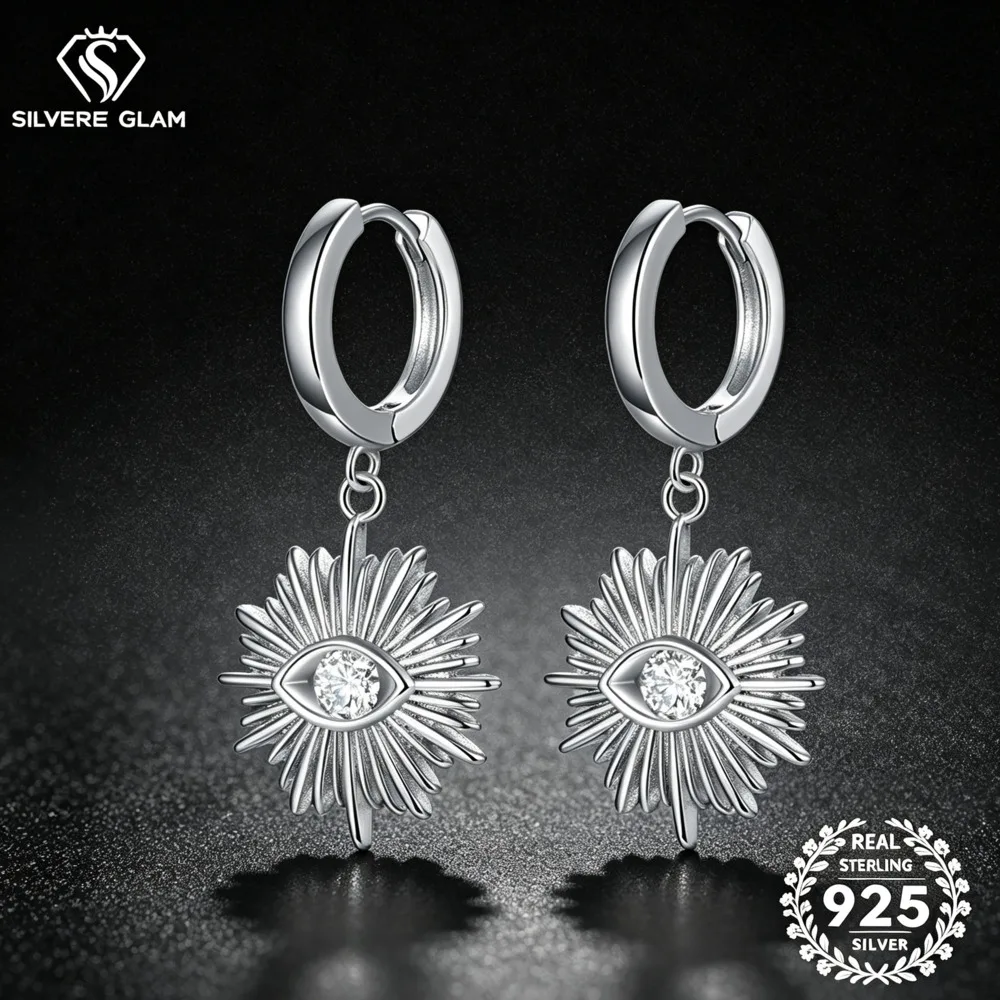 S925 Sterling Silver Sun Ray Evil Eye Dangle Hoop Earrings D VVS1 Moissanite Charm Drop Earrings Trendy Ladies Daily Jewelry