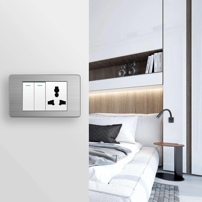 

PSSRISE Thai US Standard Wall Light Switch Power Socket With 2.1A USB Type-c Port White Stainless Steel Panel TV Computer Outlet