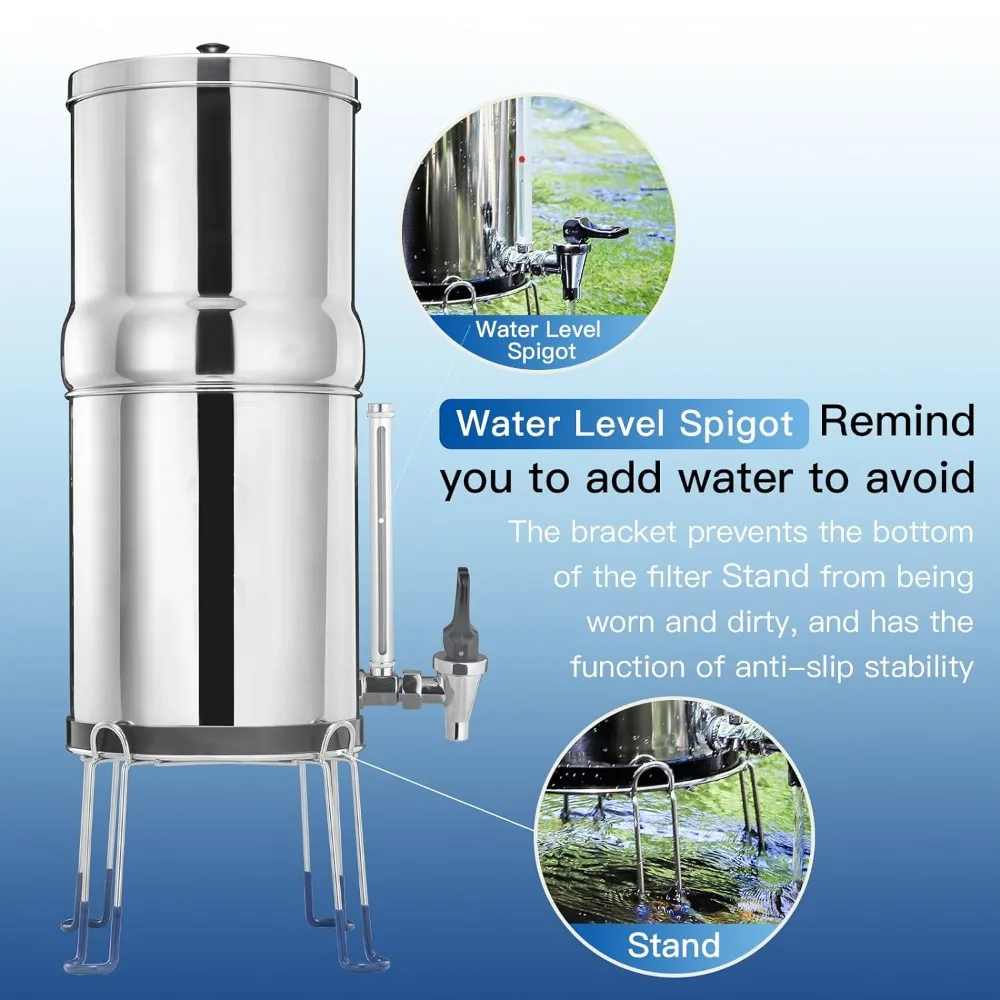 Gravity-Fed Water Filter System, NSF/ANSI 42&372 Standard, 2.25G Stainless-Steel Countertop System with 2 Black Elements