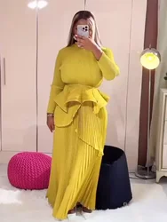 ANLAN Fashion Party Pleated 2 Piece Sets Women Round Neck Irregular Belt Gathered Waist Solid Long Dresses 2024 New 23AN6908