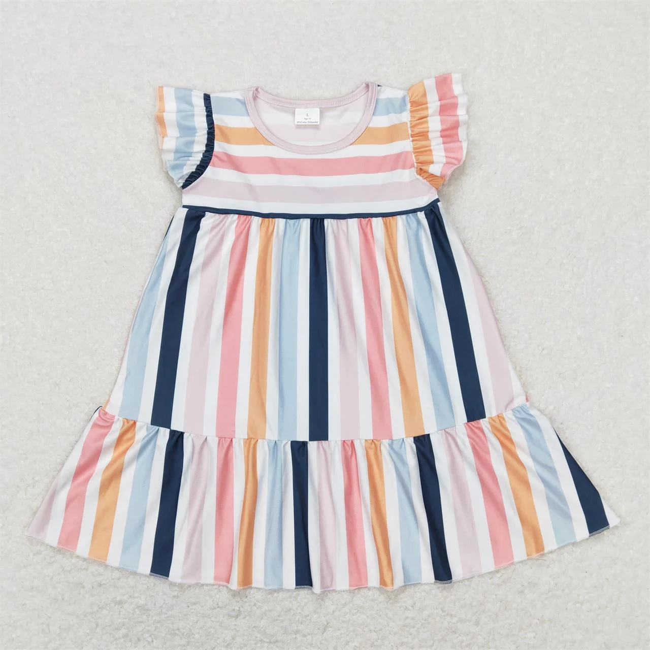 

Wholesale Kids Children Clothing Baby Girl Summer Ruffle Short Sleeves Stripes Dress Toddler Knee Length One Piece Clothing