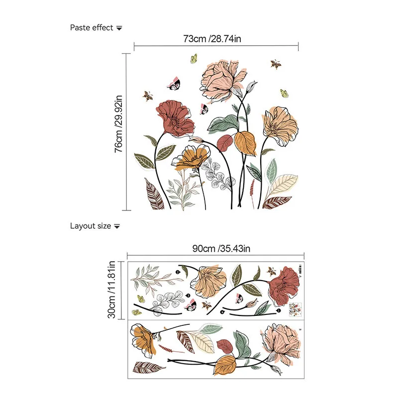1 Set Bohemian Flower Wall Stickers, Wild Flowers, Grasses, Fruits and Leaves, Stick-on Wall Art Decals, For Living Room, Be view 3