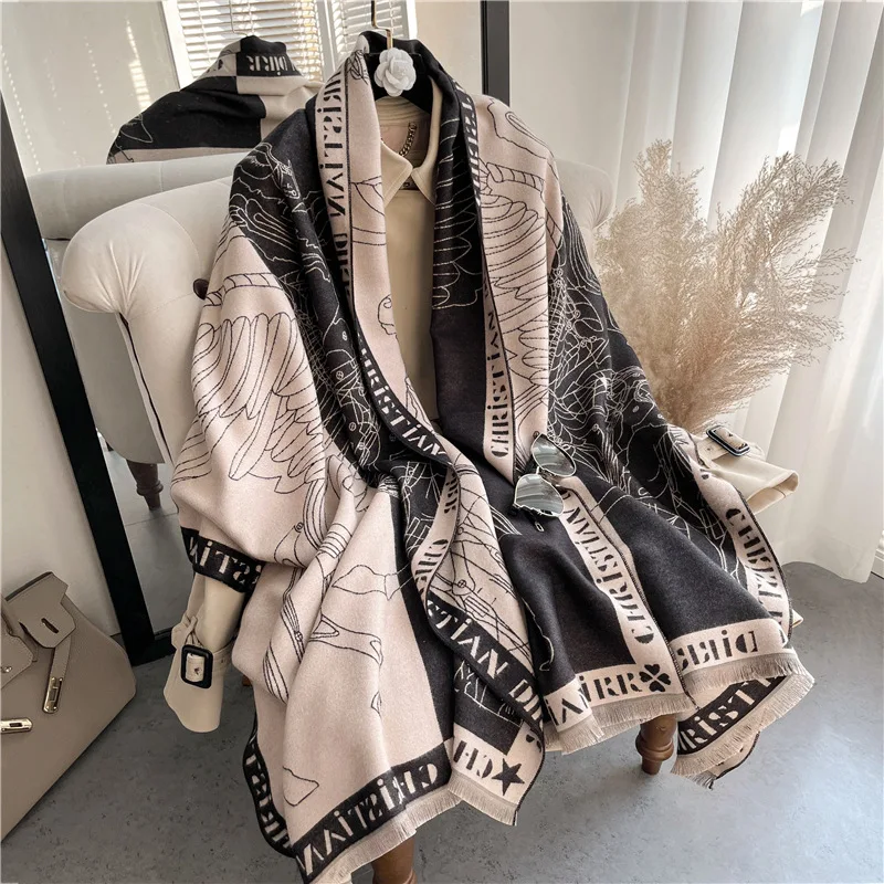 

X 6, 5 см, фотоэлемент, шарф, теплая кашемировая смесь, шаль, женское утолщенное одеяло, шарфы с принтом лошадей, мягкая Пашмина, Echarpes, накидки