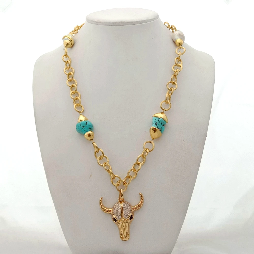 Y·YING 24\'\' Blue Turquoise White keshi Pearl Yellow Gold Plated Chain Necklace CZ Cow Pendant